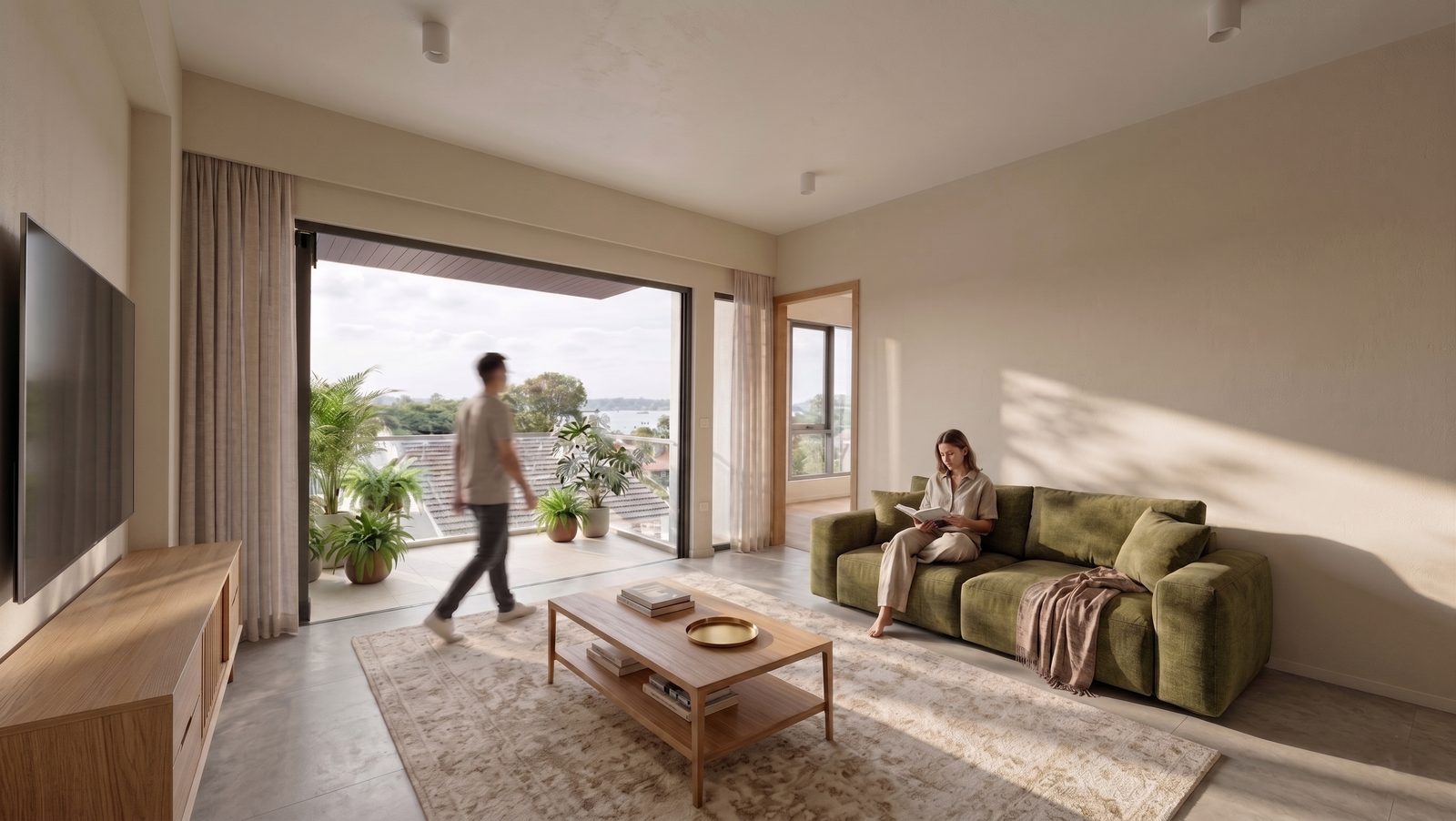 The Shorefront bright open-concept living space